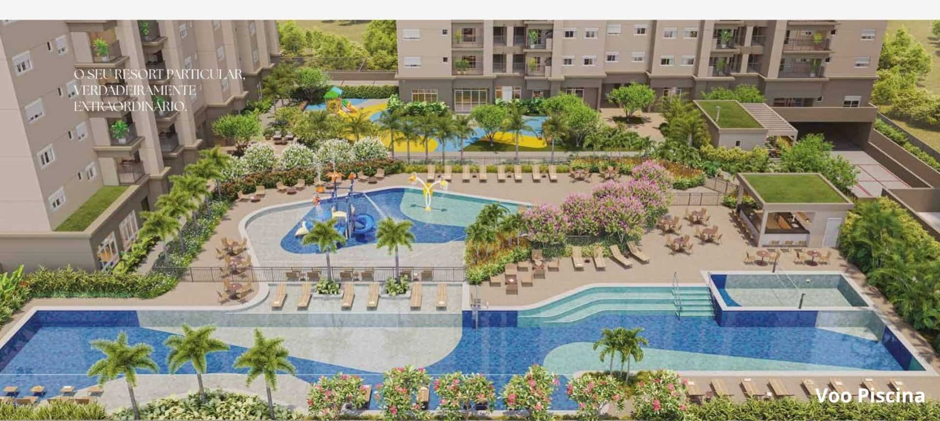 Imagem ilustrativa do voo do lazer do apartamento Eztec em São Caetano, com enfase no parque aquático do GranResort Reserva.